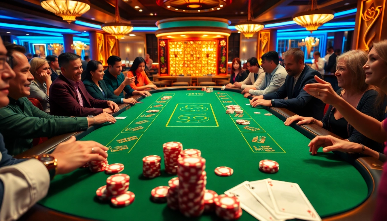 Players engage at a KK55-themed poker table in a vibrant casino atmosphere, capturing excitement.