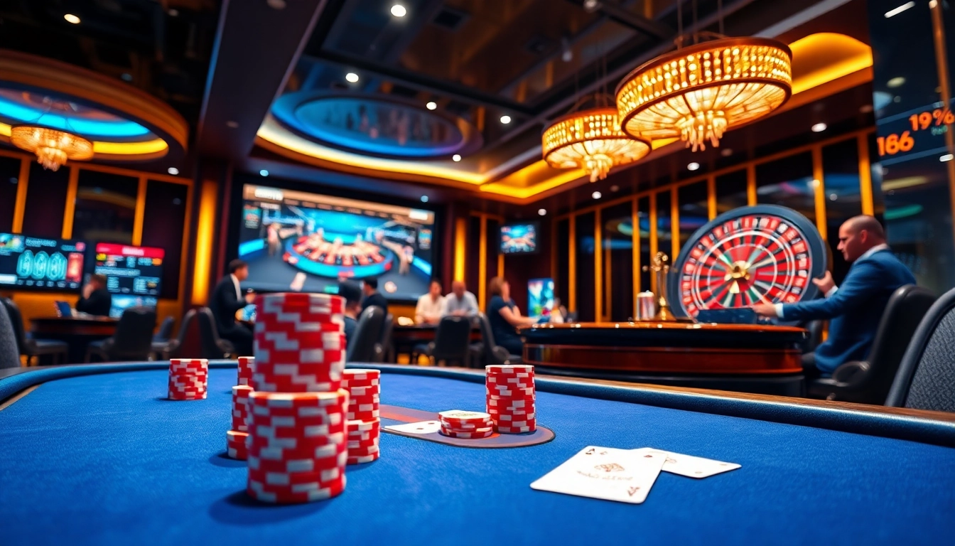 Tác giả RIKVIP shapes an exciting casino atmosphere with poker chips, cards, and a roulette wheel.