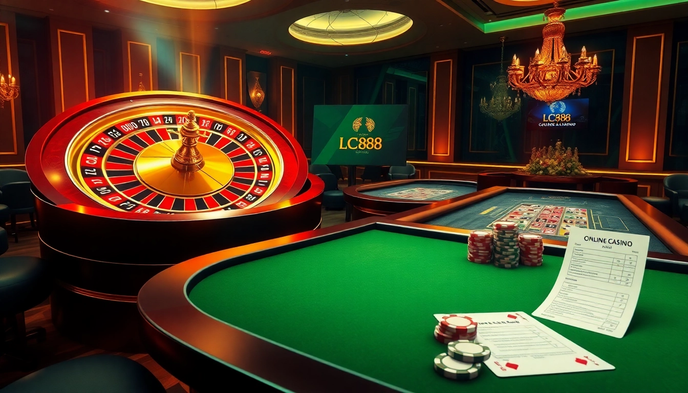 Experience the excitement of Trang chủ LC88 with a luxurious online casino scene featuring roulette and poker games.