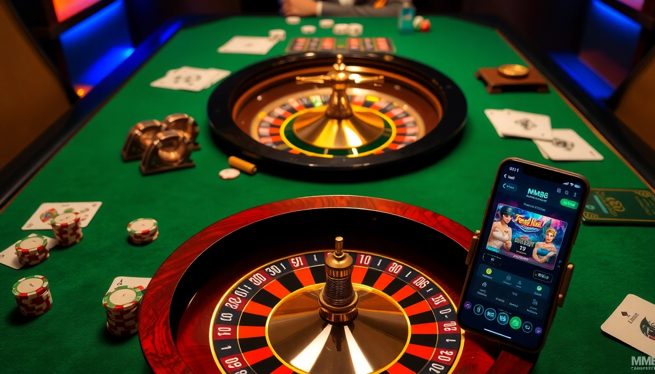 MM88 casino table scene showcasing chips, cards, and an online betting interface.