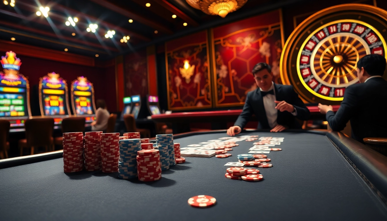 Players enjoy intense poker action at nhà cái KK55 amidst vibrant casino ambiance.
