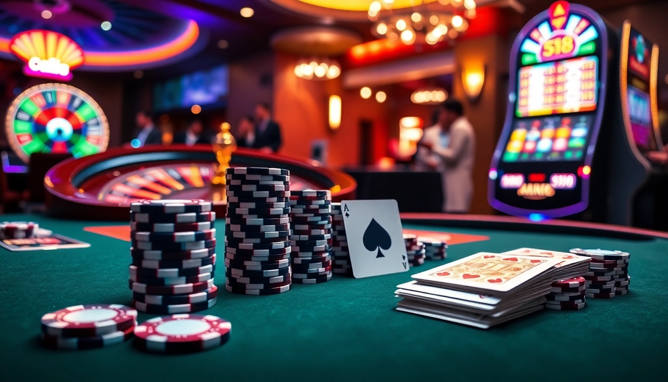 A lively gaming table at 58win with poker chips and cards, illustrating an exciting casino atmosphere.