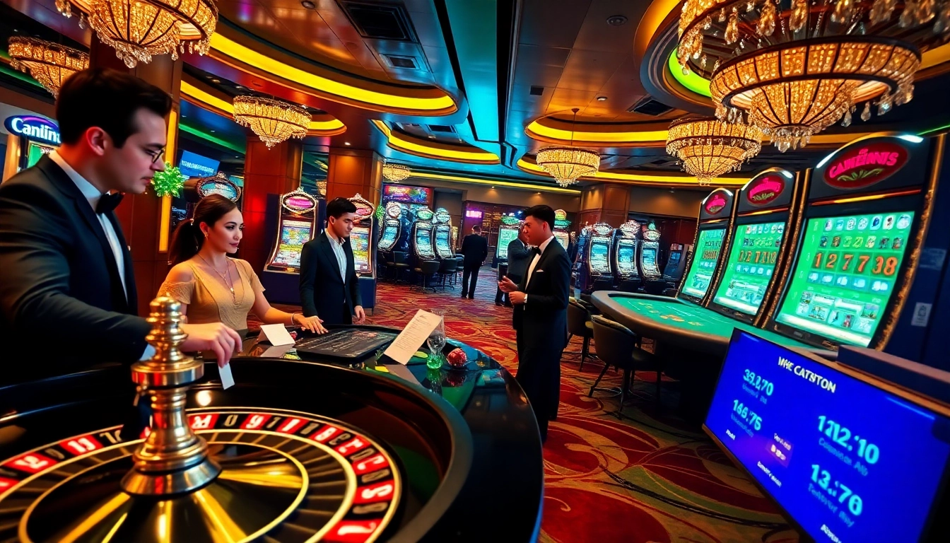 Players engaged in high-stakes gambling at w88 casino, showcasing roulette and slot machines.