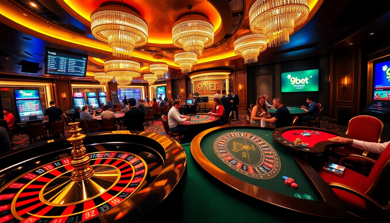 Players enjoying various games at 9bet casino with roulette, cards, and vibrant atmosphere.
