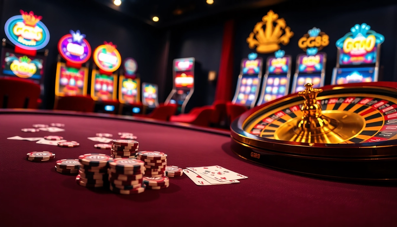 Engaging GG88 poker table with vibrant chips and luxurious casino ambiance.