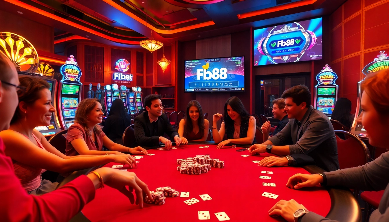 Players engaging in an exciting poker game at Fb88's luxurious casino table with colorful chips and cards.