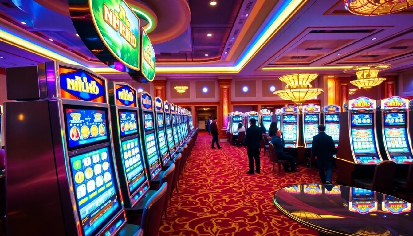 Experience the excitement of nổ hũ slot games in a luxurious casino setting with vibrant machines.