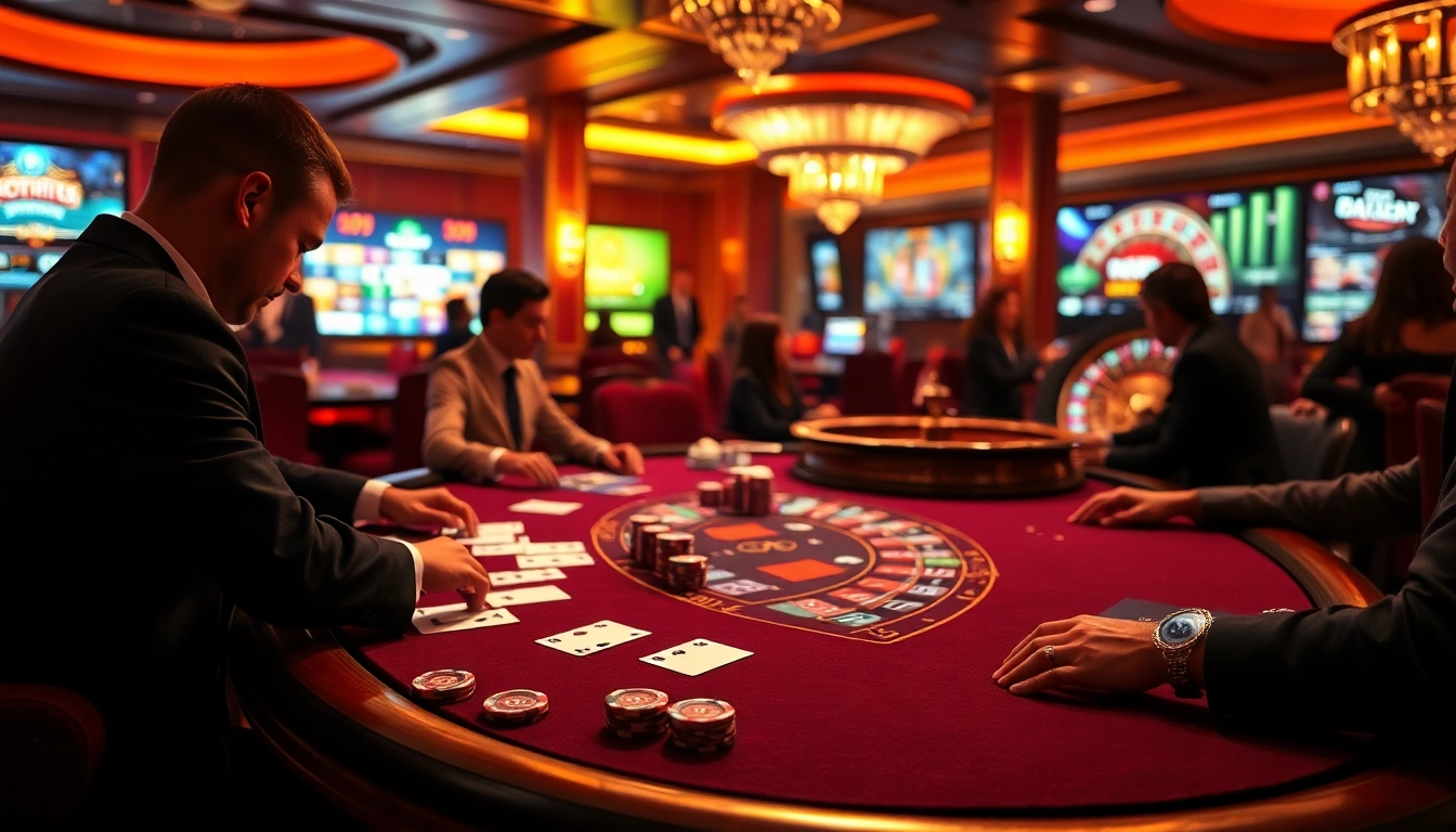 Excited gamblers strategizing bets at a luxurious casino table featuring https://98win3h.blog.