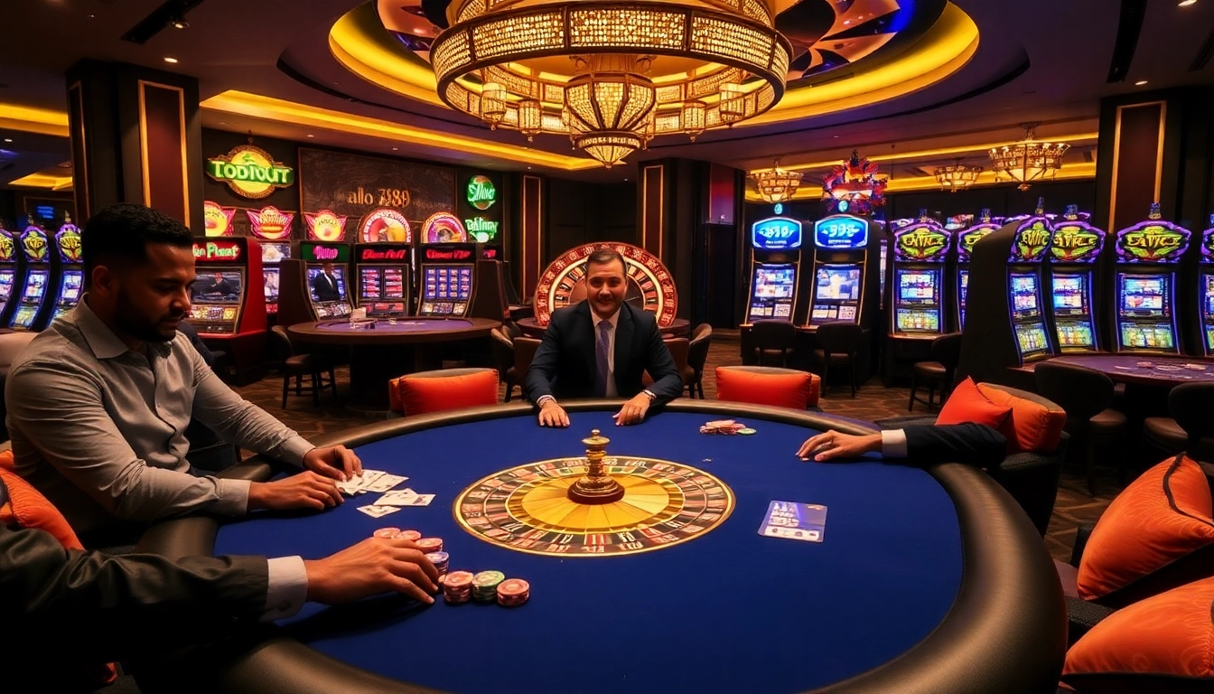 Engage in thrilling gameplay at alo 789, featuring a luxurious poker table and vibrant slot machines.
