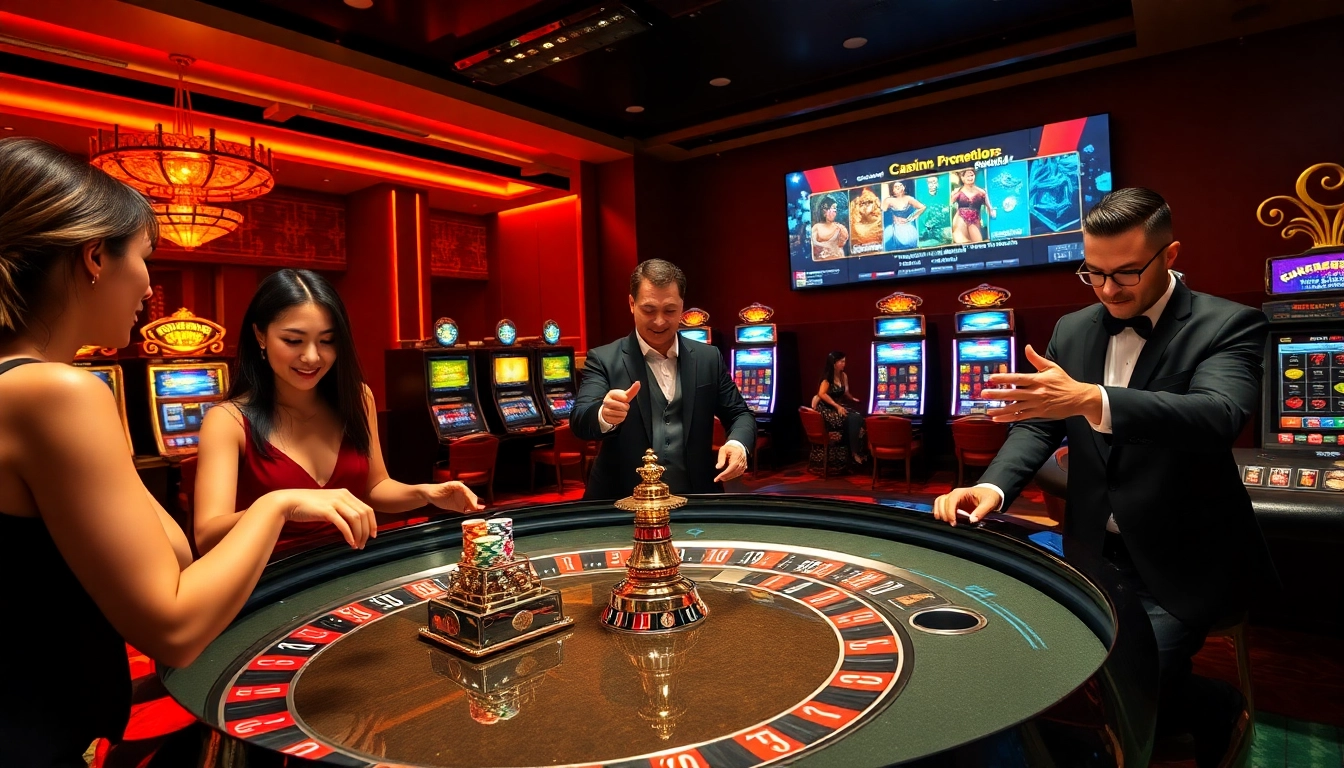 Exciting gameplay at gamebaidoithuong.trading featuring players at a roulette table and vibrant casino atmosphere.