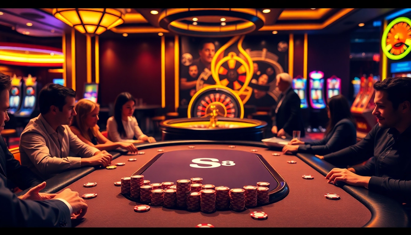 Players engaging in a thrilling poker game at S8 casino, surrounded by vibrant chips and a roulette wheel.