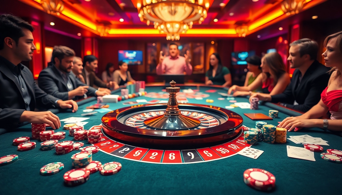 Engaging gamblers at a lively casino table showcasing 8xbet gaming excitement.