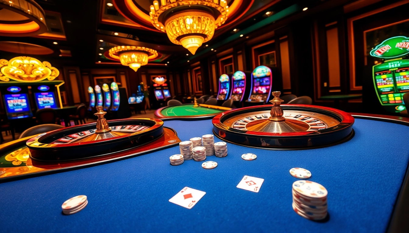 Players enjoying games at go 88 club with poker chips, roulette, and slot machines in view.