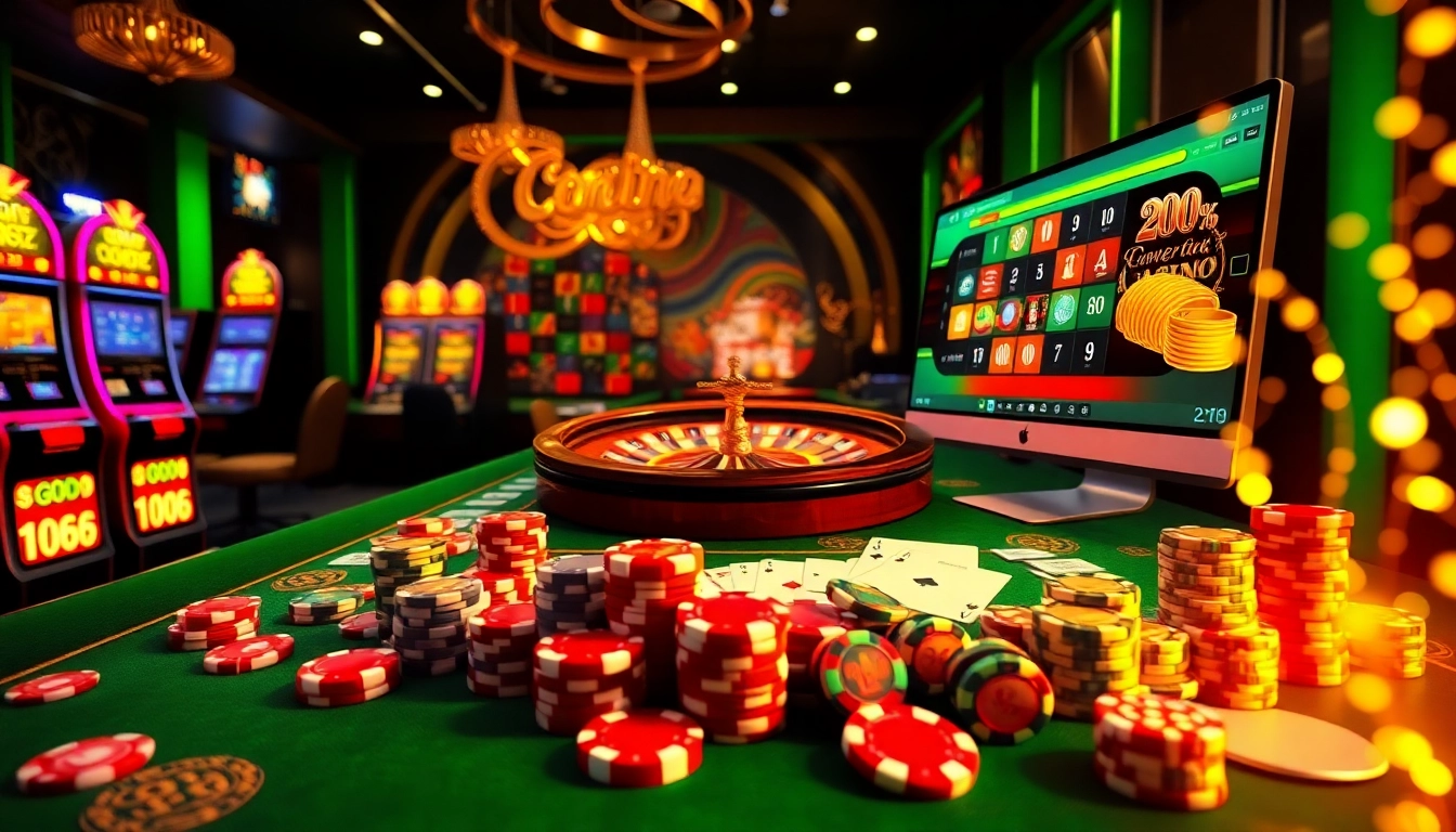 Exciting gaming atmosphere at https://99wincasino.com/ with vibrant casino elements like poker chips and slot machines.