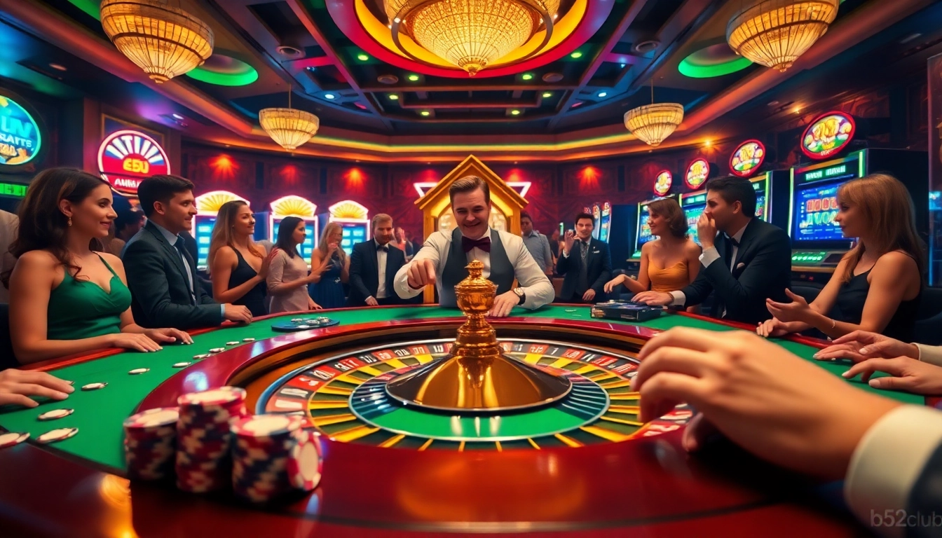 Players enjoying a thrilling experience at the b52club casino table with vibrant poker chips and roulette wheel.