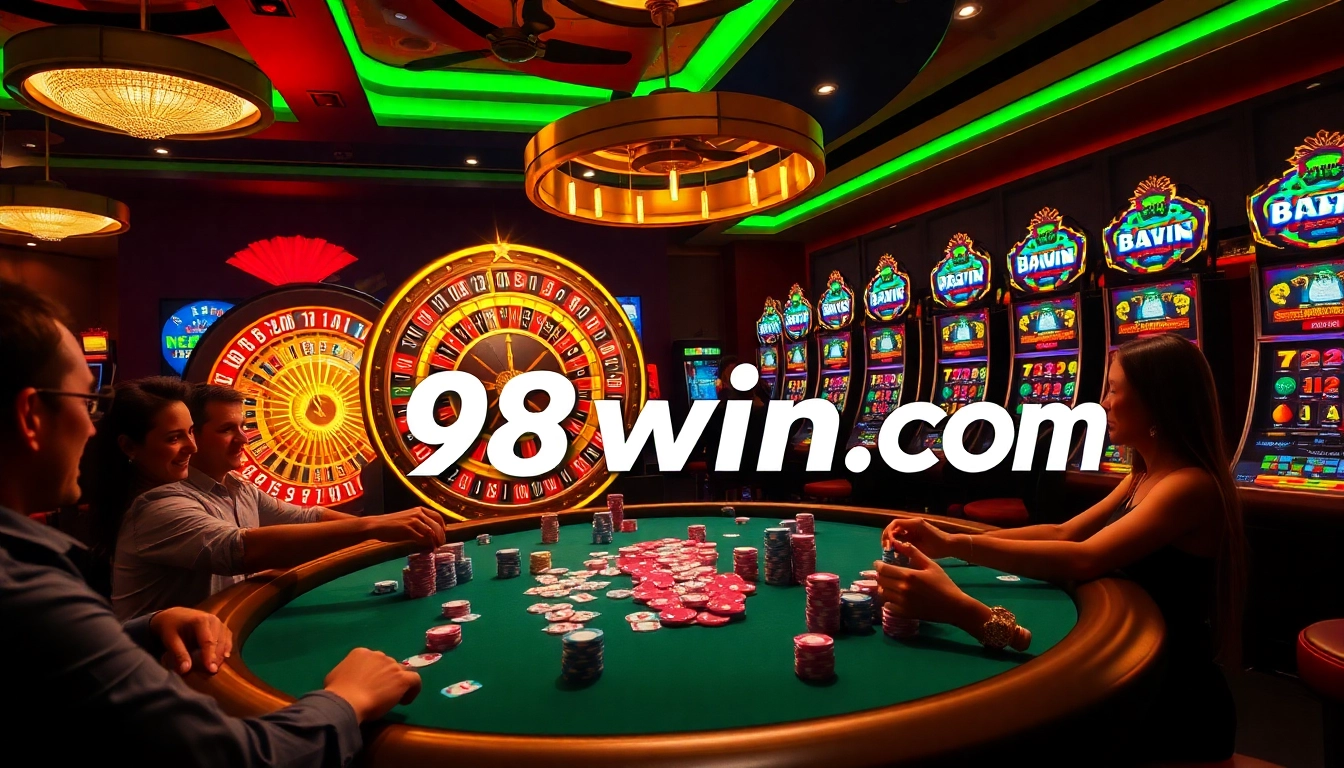 Intense poker action at 98win com with vibrant chips and glowing roulette wheel
