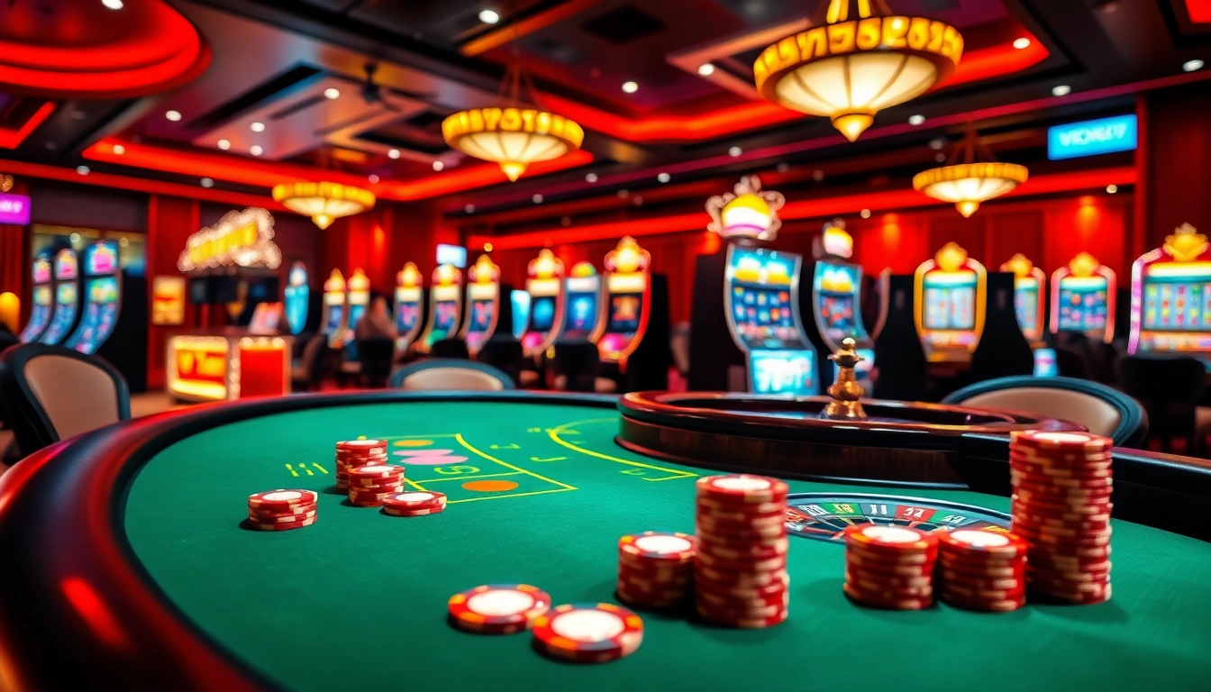 Betting and winning at New888 casino with colorful slot machines and poker tables.