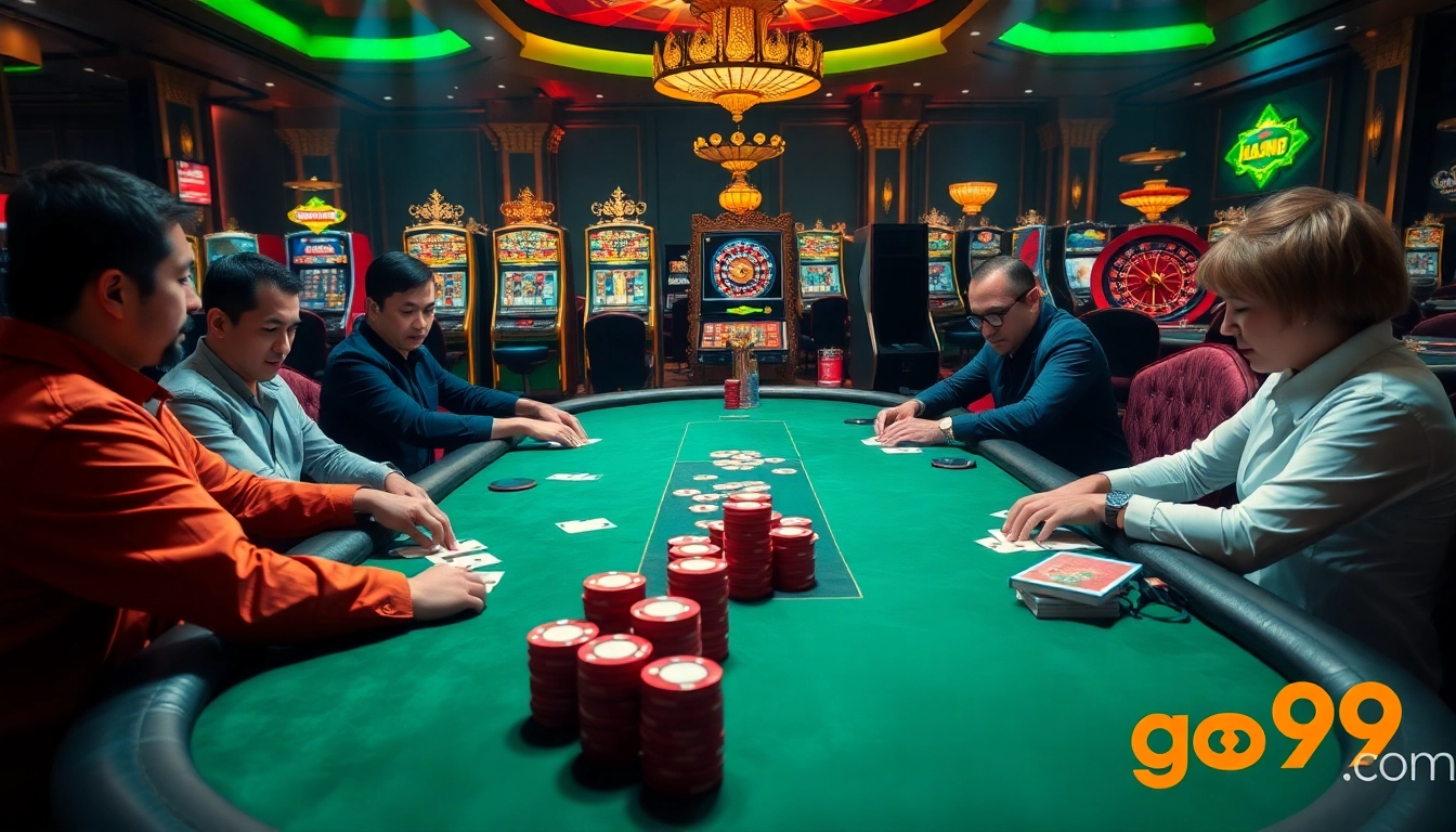 Engaged poker players at a luxurious casino table, showcasing go99 com excitement and sophistication.