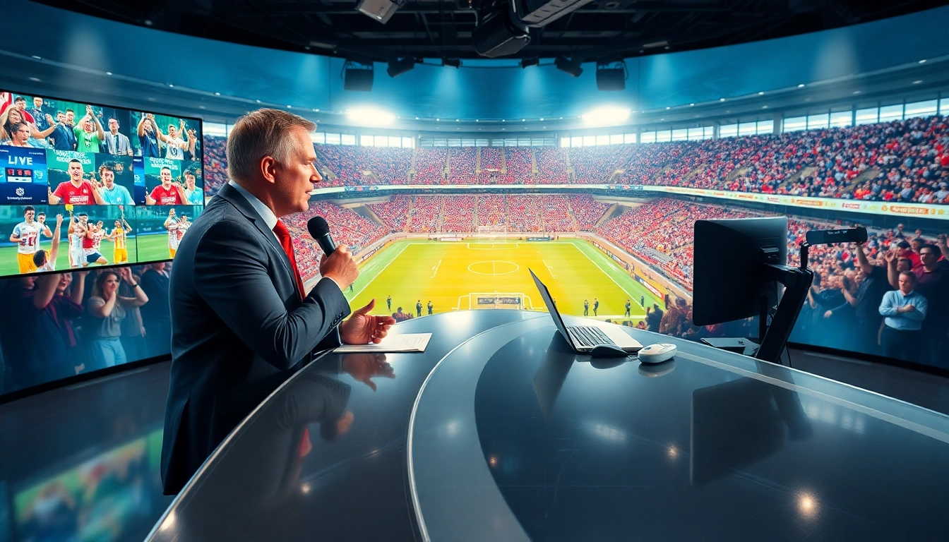 Engaging scene of sports broadcasting with a host reporting live in a dynamic studio.
