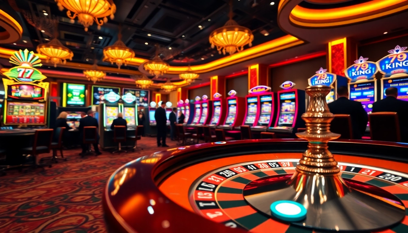 Exciting gameplay at 79KING Casino with colorful slot machines and poker chips.