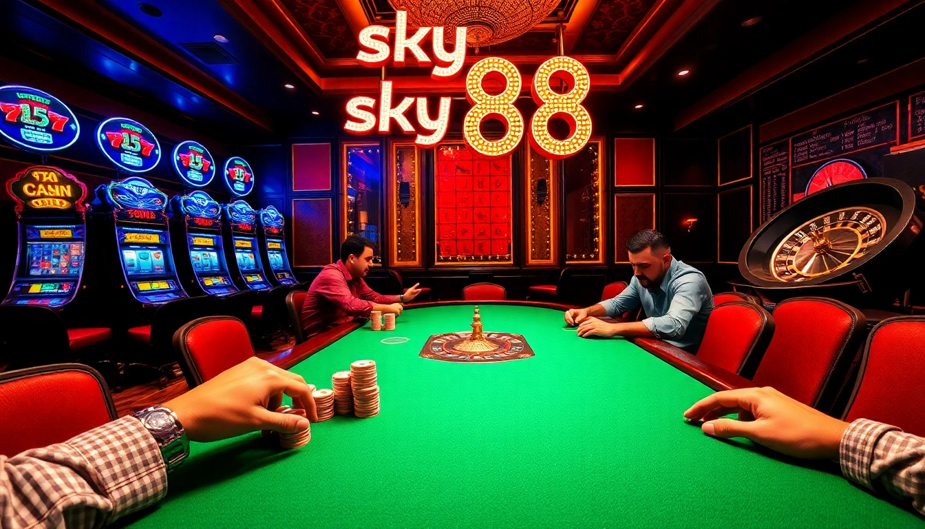 Experience the thrill of high-stakes poker at Sky 88's luxurious casino table with vibrant chips and professional play.