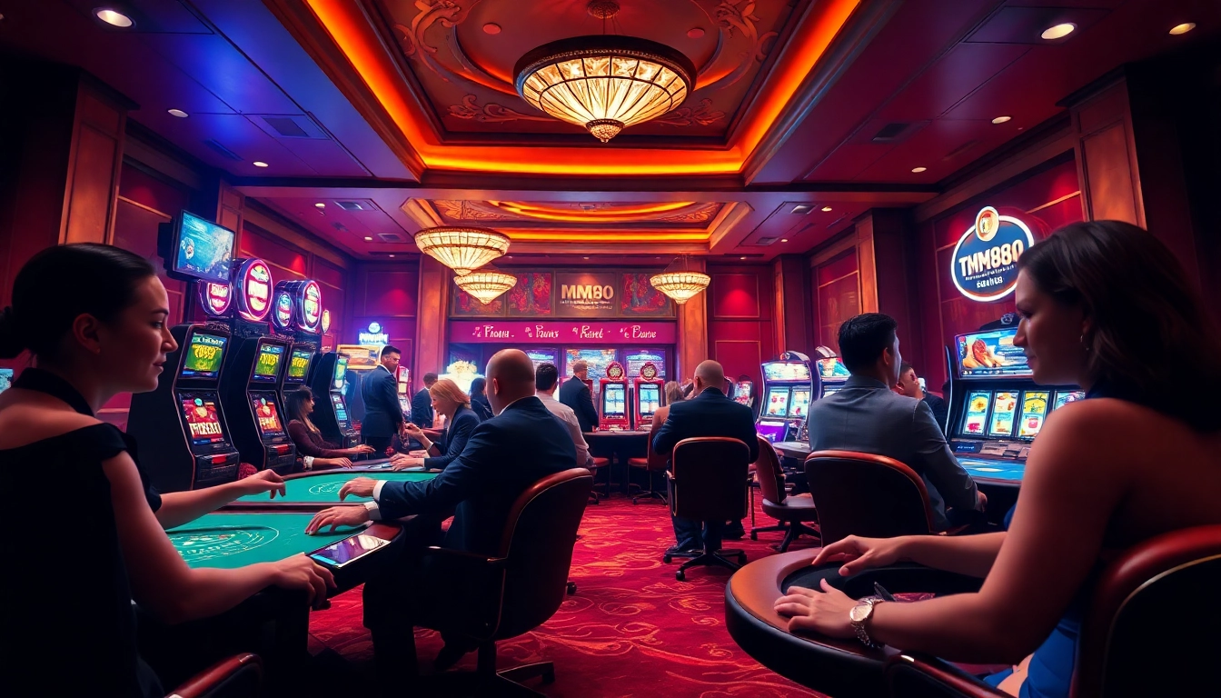 Exciting online casino atmosphere showcasing MM88's gaming offerings, featuring elegant tables and players.