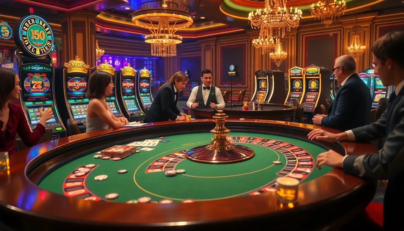 Experience the excitement of win97 with players strategizing at a vibrant casino roulette table.