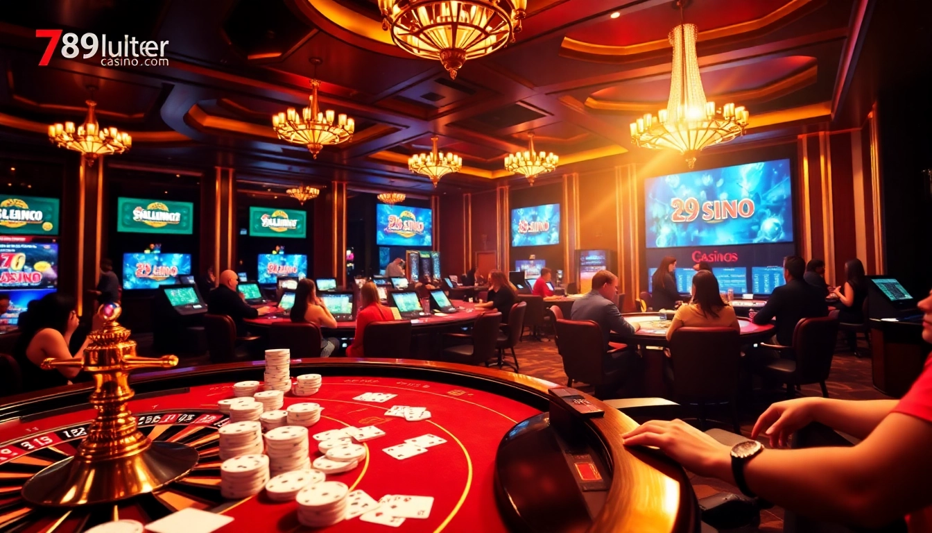 Gamblers enjoying a thrilling experience at https://789cluber.com/ with vibrant casino elements.