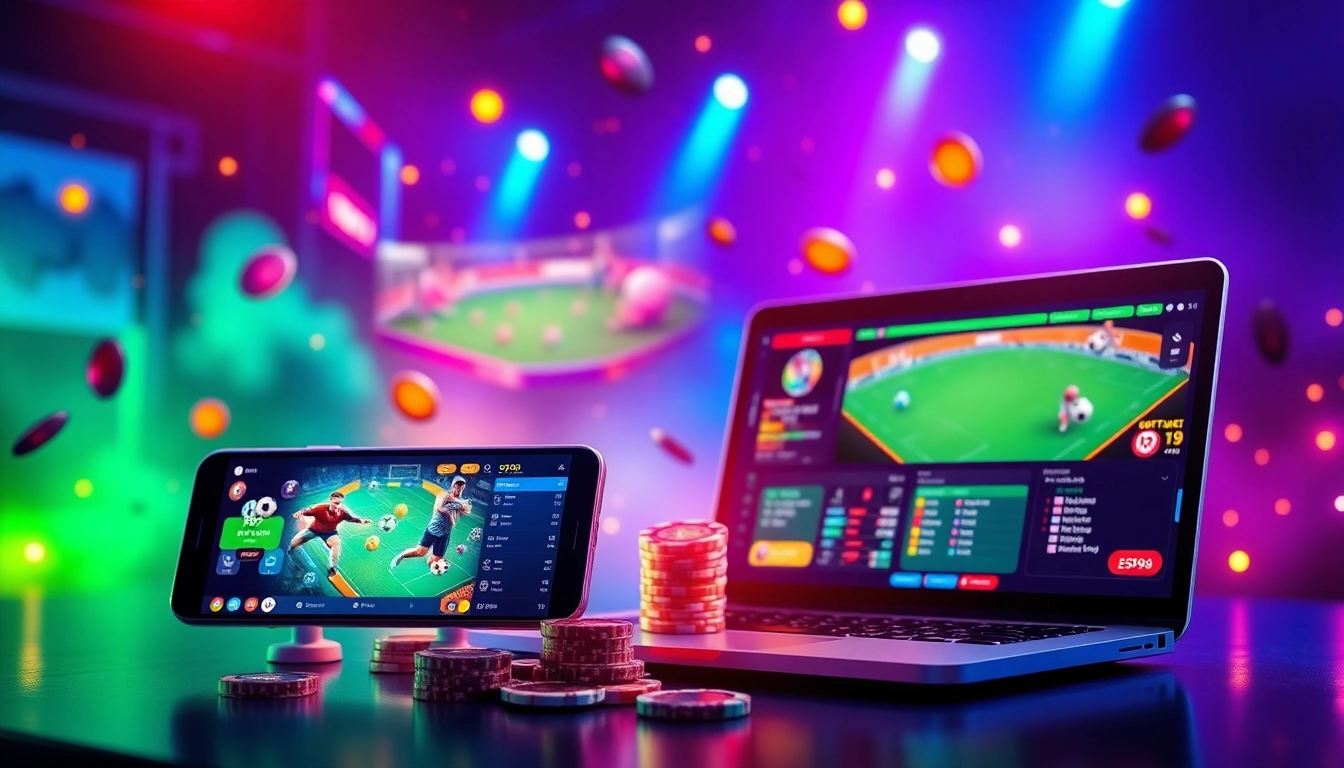PS99 platform showcasing vibrant online gaming excitement with devices, sports icons, and digital currency.