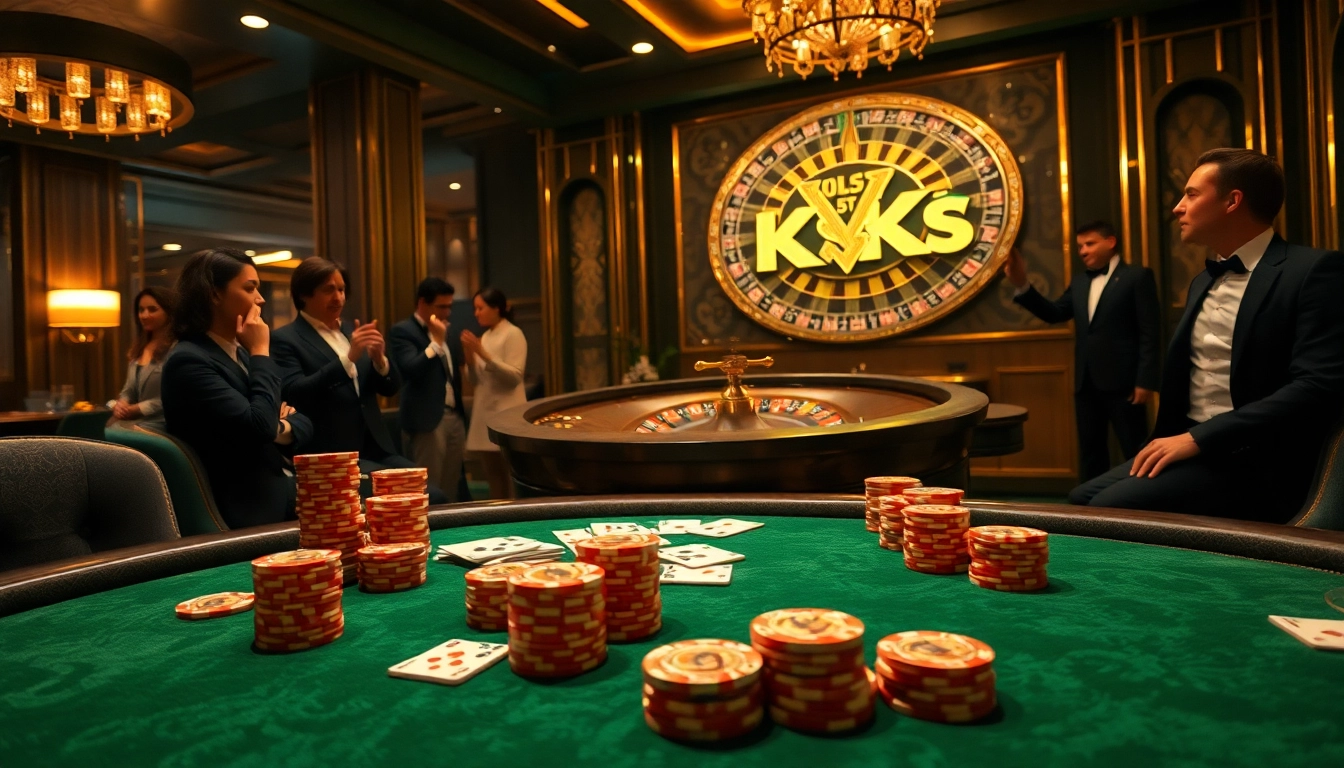 Engaging gambling scene showcasing KK55 poker table action with luxurious ambiance.