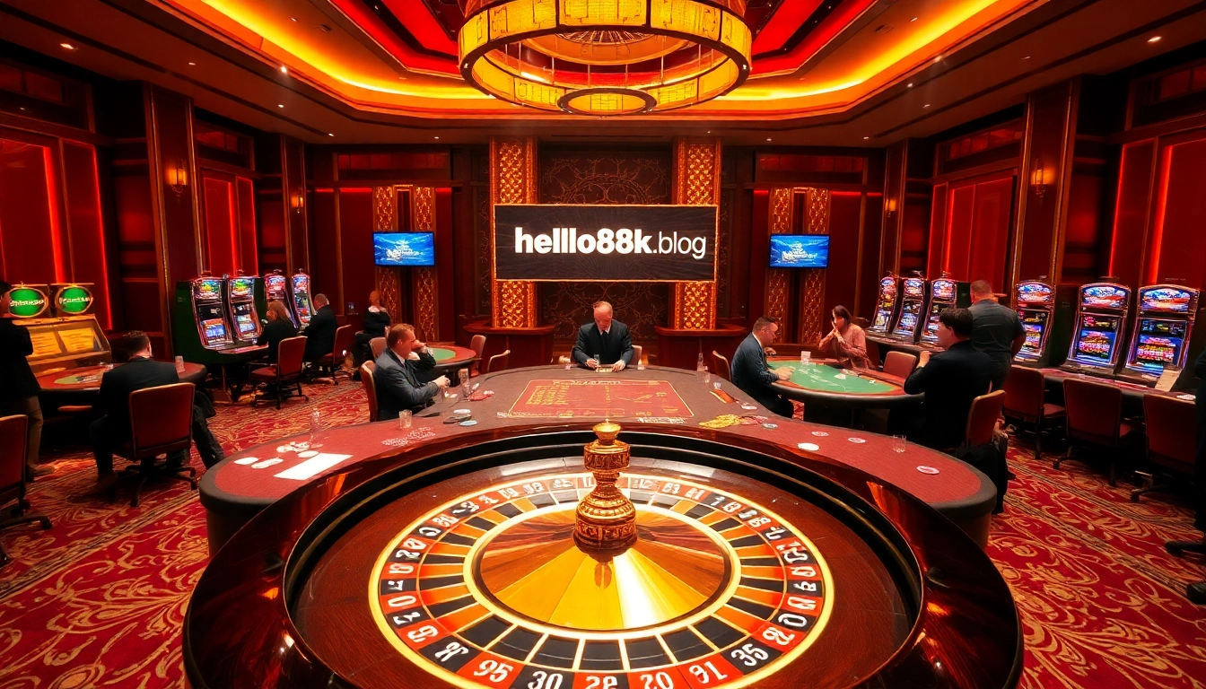 Experience the thrill of gaming at hello88k.blog with vibrant casino tables and roulette wheel.