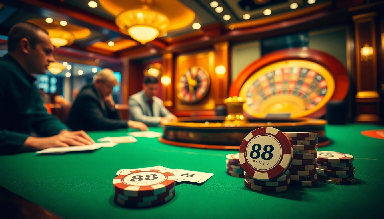 High-stakes poker game showcasing 88vv chips and an elegant casino ambiance.