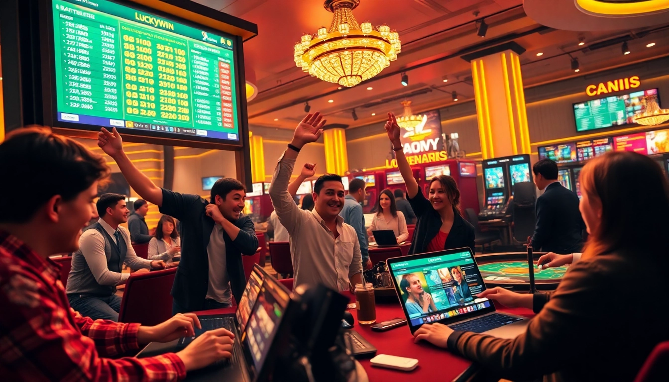 Engaging Luckywin online casino experience with vibrant players and digital interfaces.