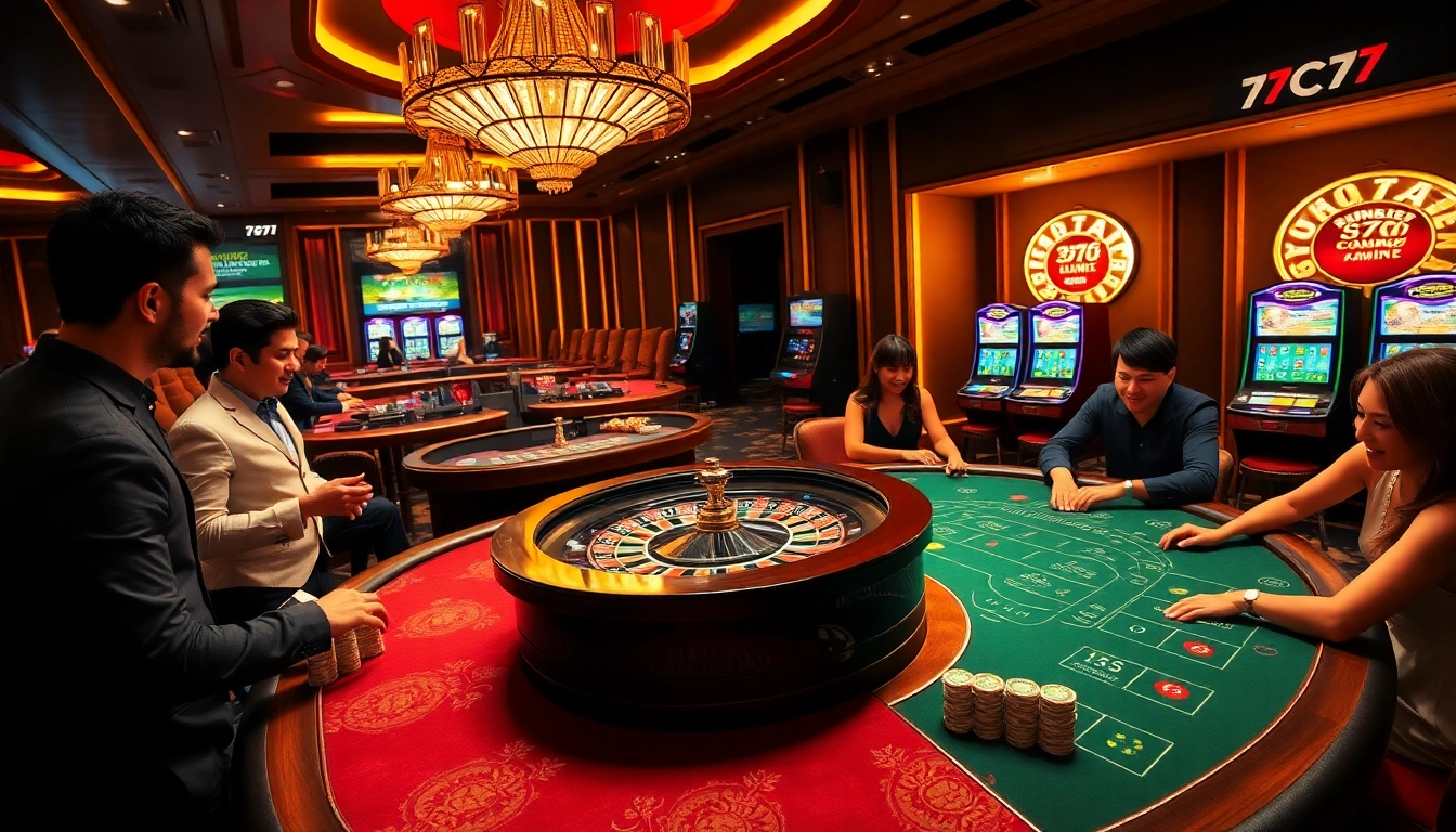 Exciting casino atmosphere with 7C77 branding, roulette wheel, and elite players.