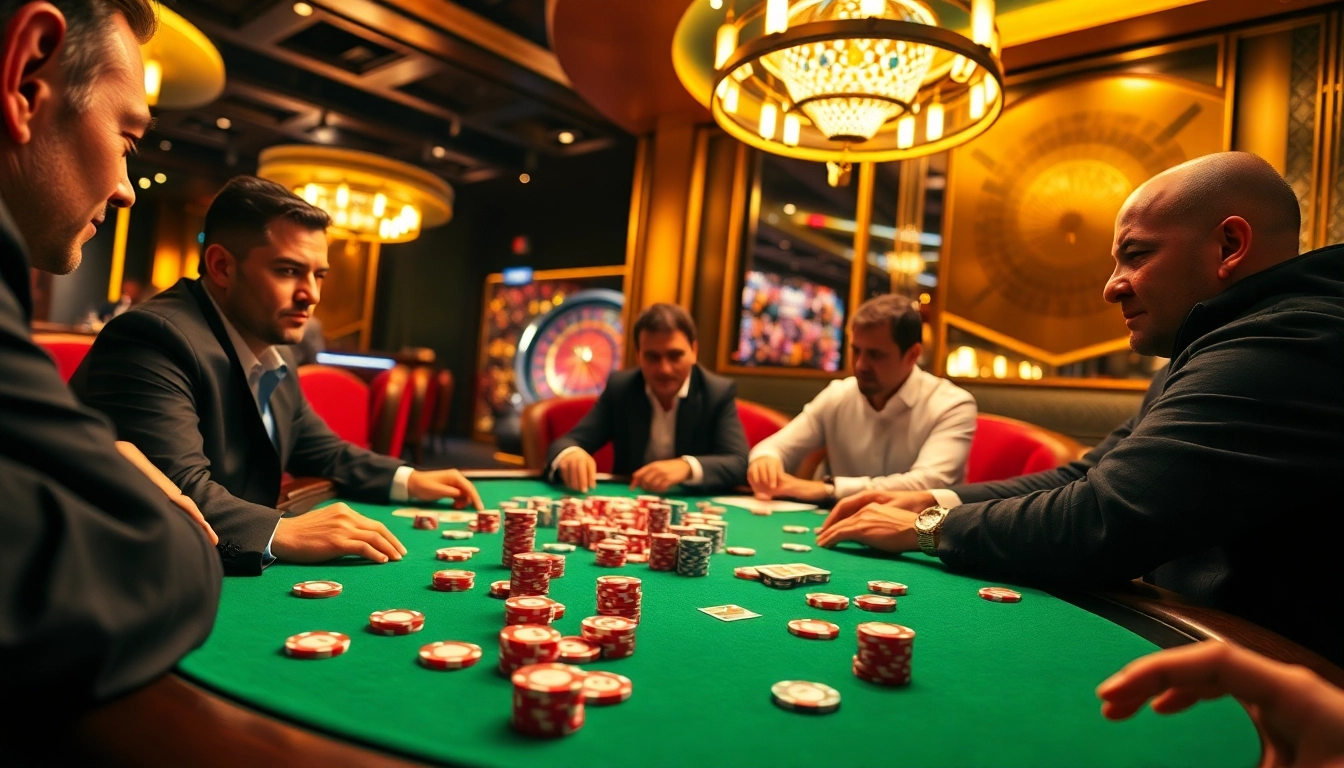 Players engaging with S8 poker chips at an elegant casino table surrounded by intensity.