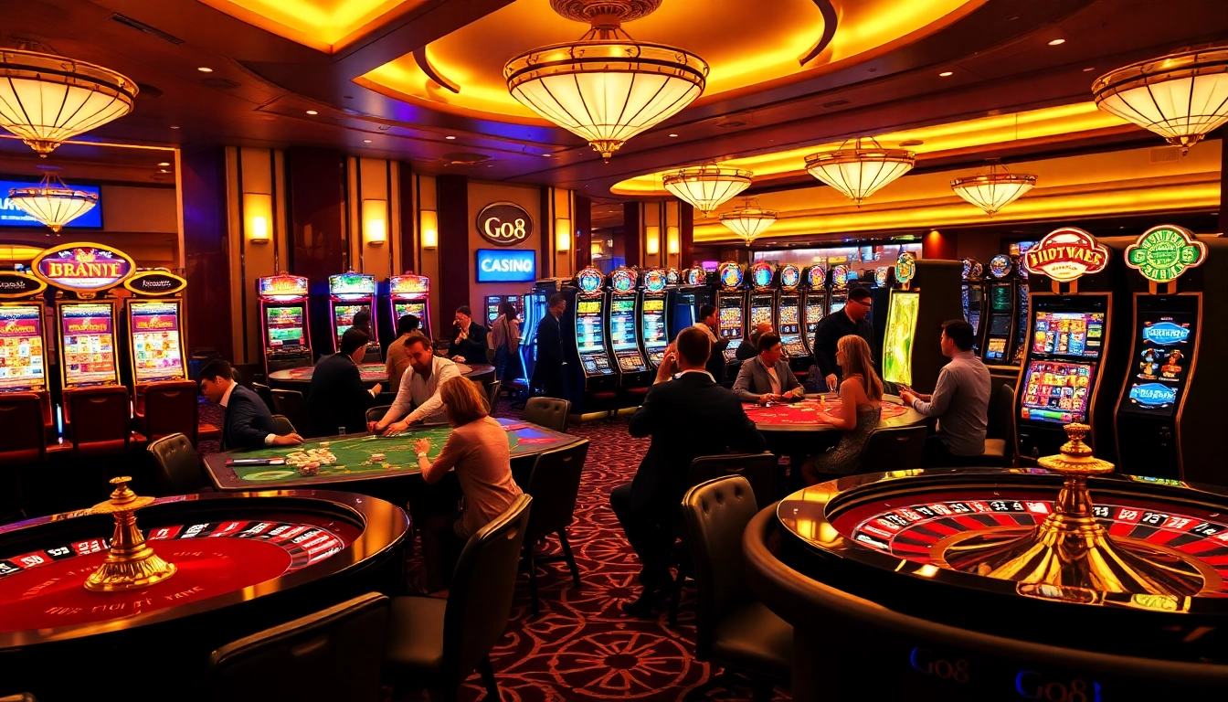 Players enjoying high-stakes games at Go8 Casino, showcasing vibrant roulette tables and engaging slot machines.