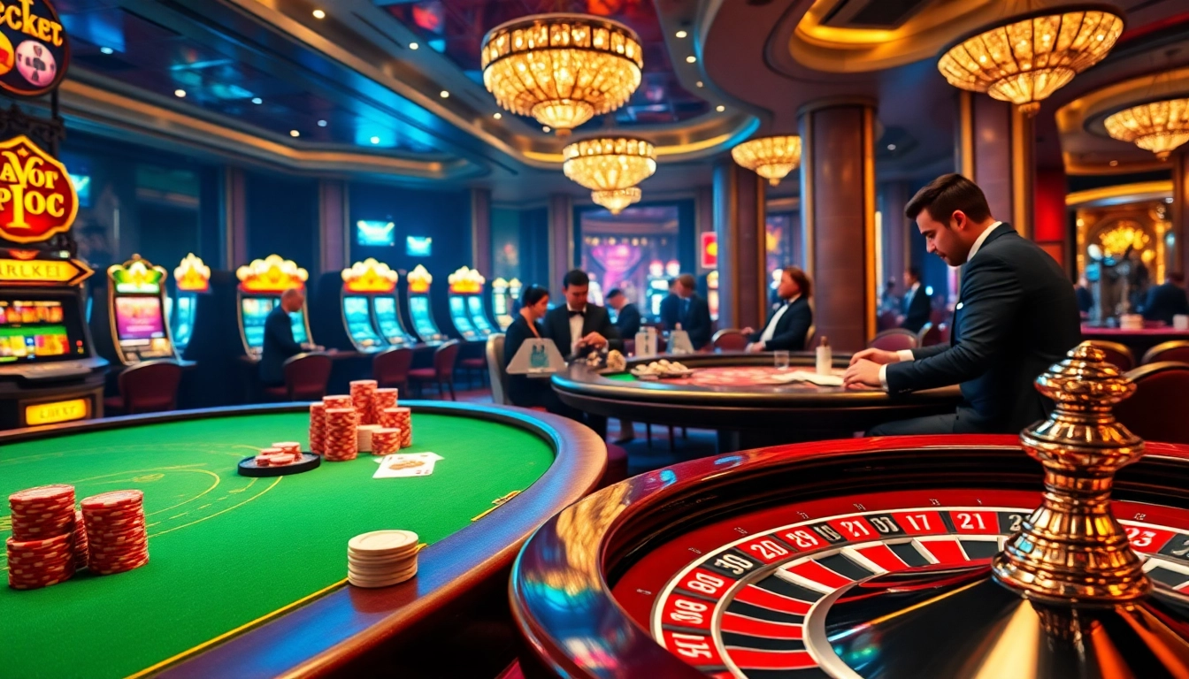 Febet casino scene showcasing an elegant poker table with vibrant colors and professional gamblers.