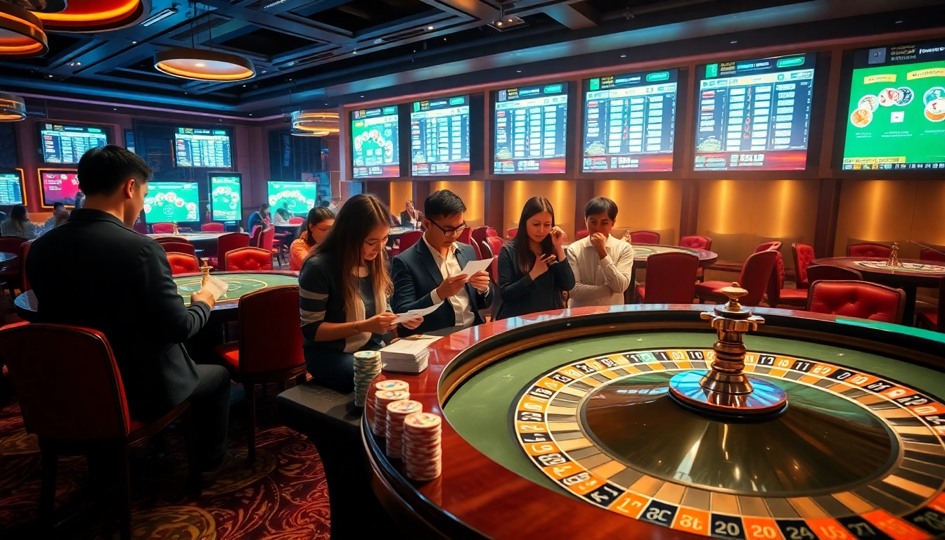 Kèo Bóng Đá betting action on a vibrant casino floor featuring betting slips and poker chips.