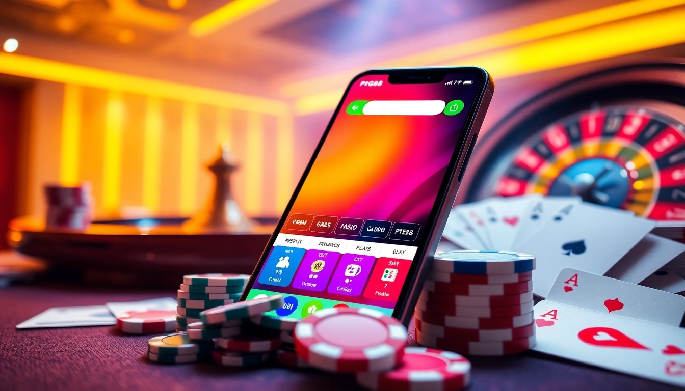 Tải App PG88 with a smartphone amid exciting casino elements like poker chips and cards.