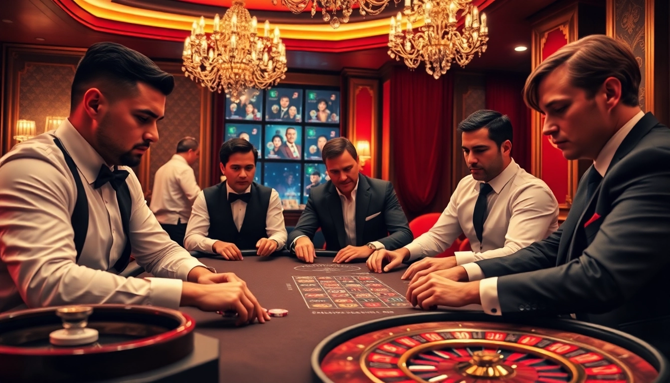 32win casino scene featuring high-stakes poker players and vibrant roulette wheel, creating an exciting atmosphere.