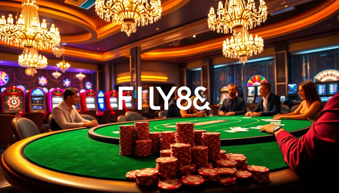 Engaged players at the FLY88 poker table in a luxurious casino, surrounded by vibrant slot machines and roulette wheels.