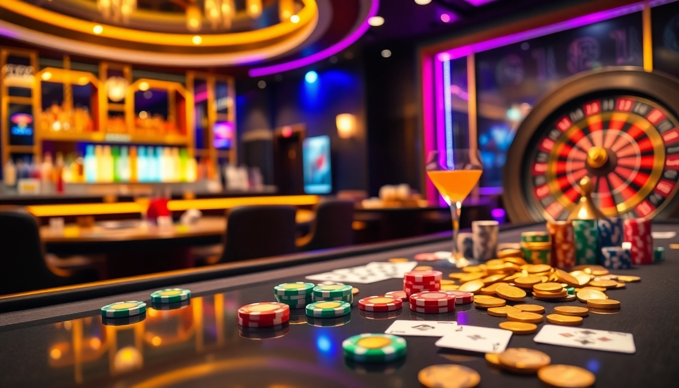 Experience high-stakes excitement at kjc.ac with vibrant poker chips and a spinning roulette wheel.