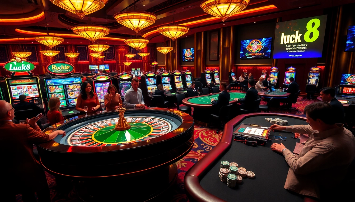 Players engaging in thrilling games at Luck8's luxurious casino, featuring roulette and poker.