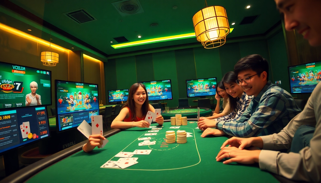 Enthusiastic players enjoying card games in a vibrant online gaming environment at gamebaidoithuong.trading.
