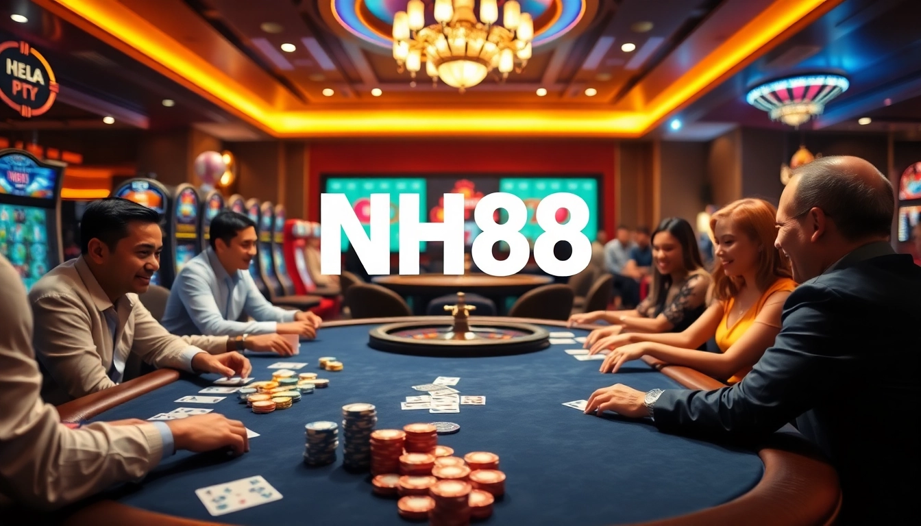 Players enjoying a thrilling poker game at NH88 casino with vibrant chips and cards.