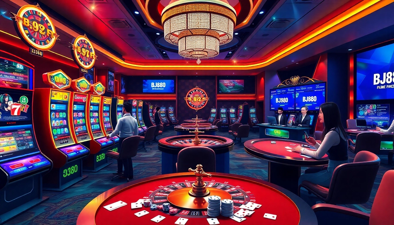Experience the thrill of online gambling at BJ88 with vibrant casino tables and sleek slot machines.