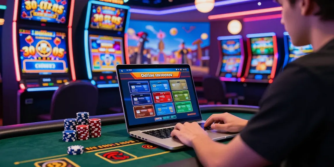Player enjoying credit card slots at an exciting online casino table, surrounded by vibrant gaming graphics.