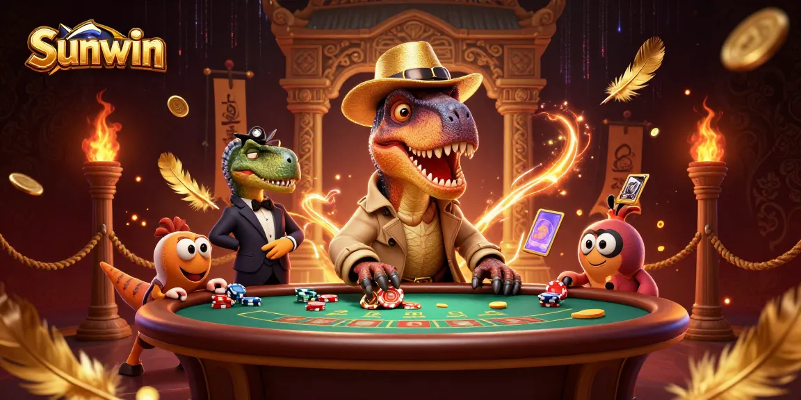 Sunwin casino scene with a cartoon velociraptor at blackjack, coins flying, and a stegosaurus pit boss.
